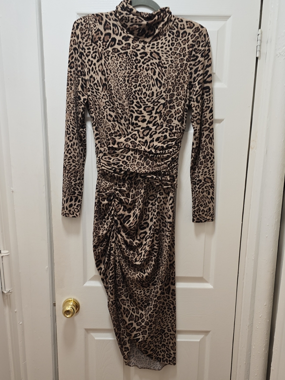 Ronny Kobo Collection Leopard-Print Long Sleeve Ruched Midi Dress - Beige/Black